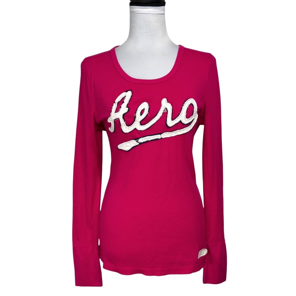 Y2K Aeropostale Aero Logo Waffle Knit Thermal Top Sz XL Pink Ribbed Long Sleeve